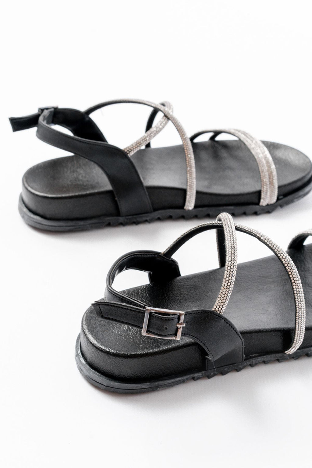 ZRİN-1001-1105 Premium Siyah Gümüş Taşlı Günlük Kadın Sandalet
