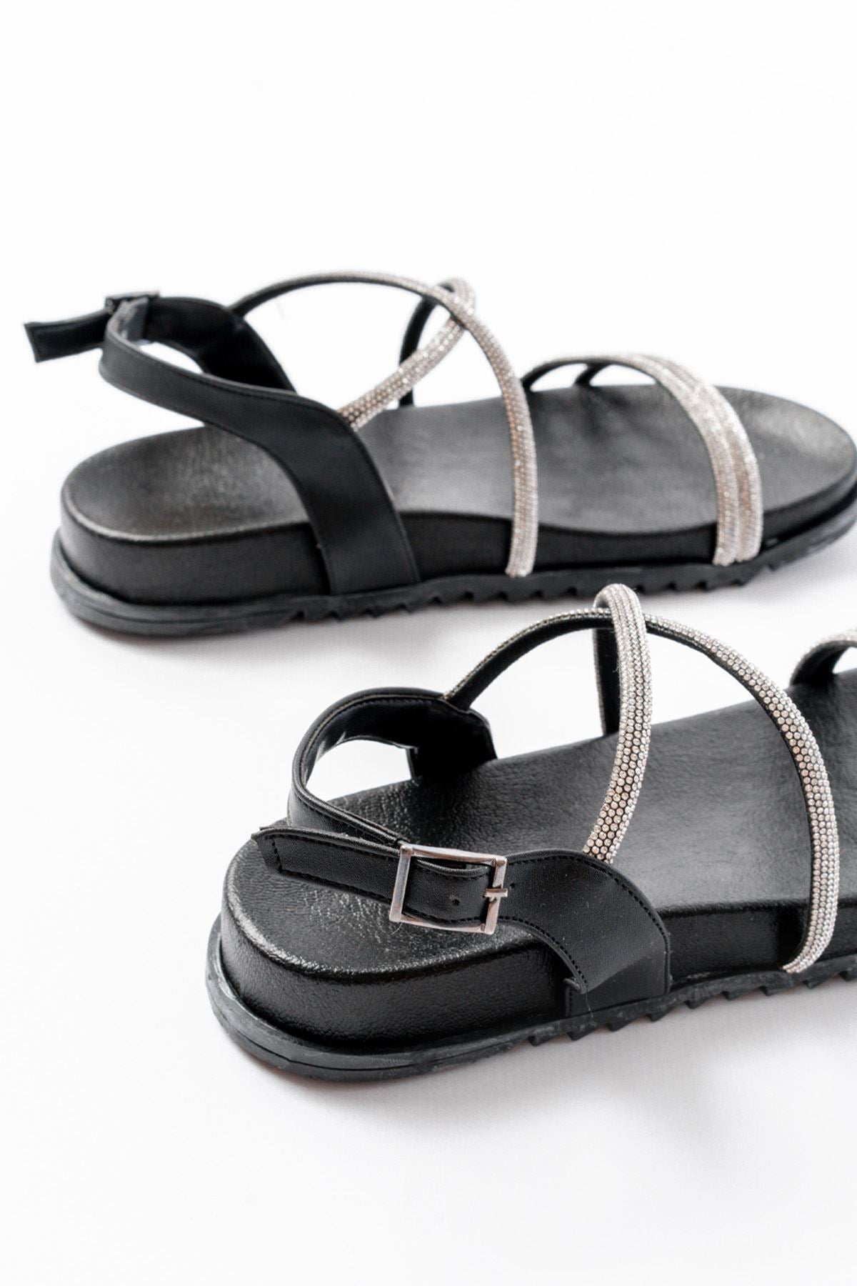 ZRİN-1001-1105 Premium Siyah Gümüş Taşlı Günlük Kadın Sandalet