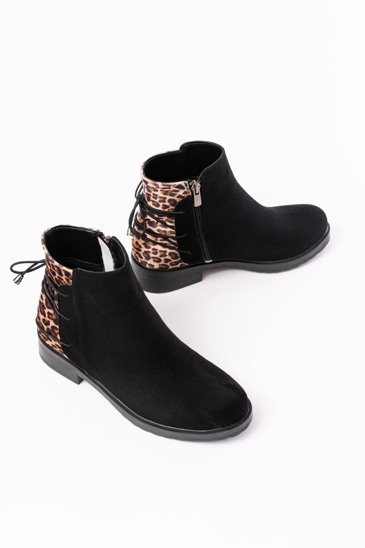 ZRİN165-209 Premium Siyah Leopar Arka Bağcıklı Fermuarlı Günlük Kadın Bot