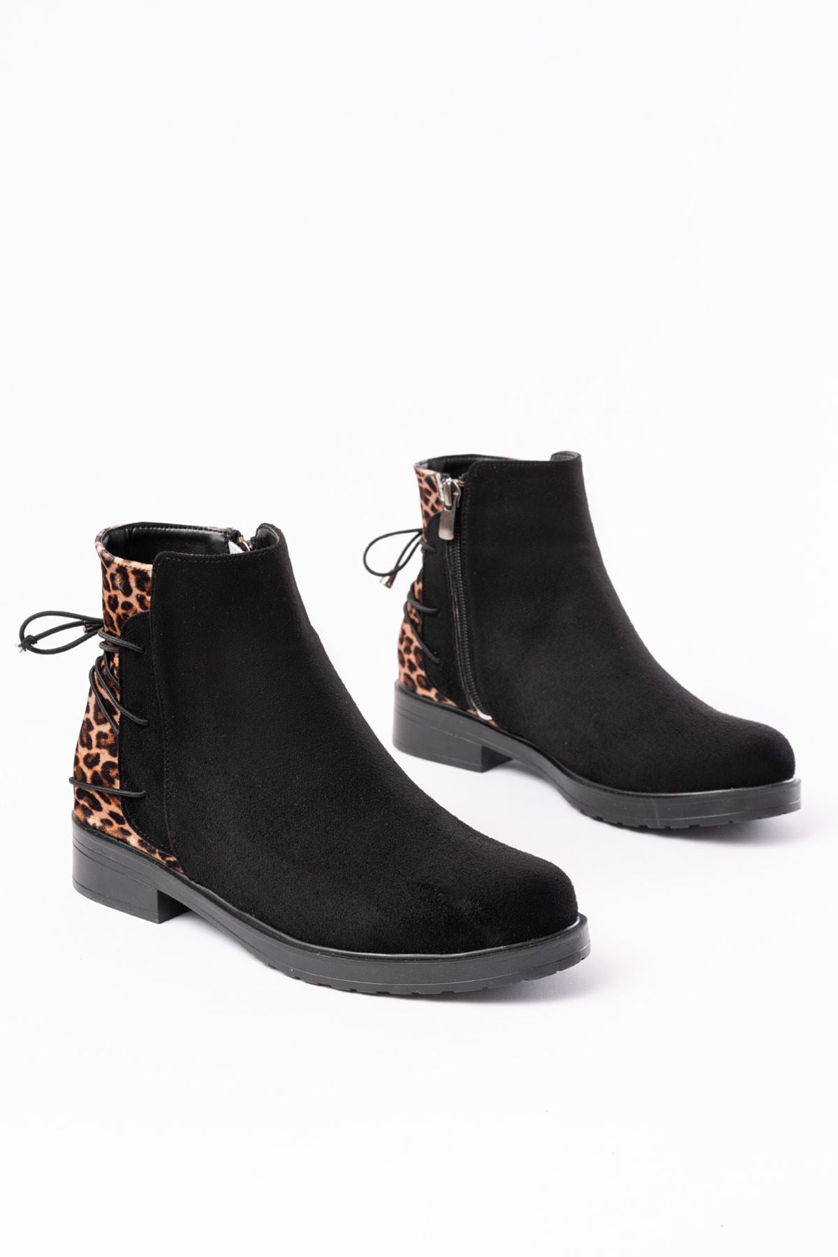 ZRİN165-209 Premium Siyah Leopar Arka Bağcıklı Fermuarlı Günlük Kadın Bot
