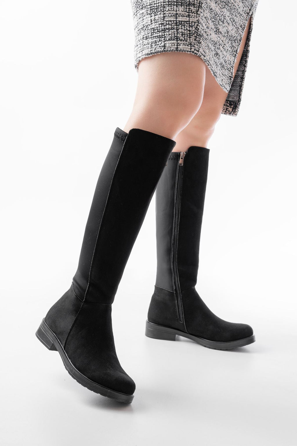 ZRİN165-305 Premium Siyah Süet Arka Streç Fermuarlı Günlük Kadın Çizme