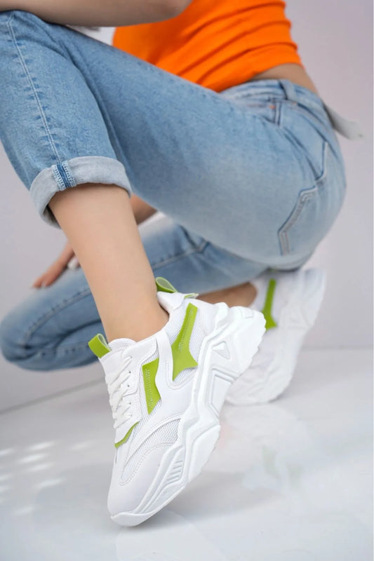 Essen Bağcıklı Triko Detaylı Bağcıklı Beyaz Yeşil Kadın Sneaker