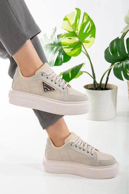 Zera Premium Orthopedic Beige Lace-Up Women's Sneakers