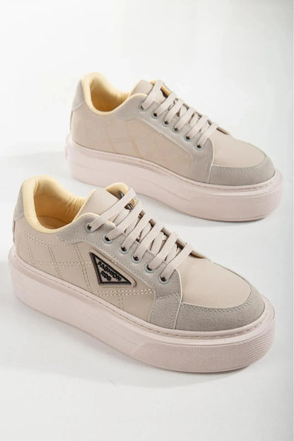 Zera Premium Orthopedic Beige Lace-Up Women's Sneakers