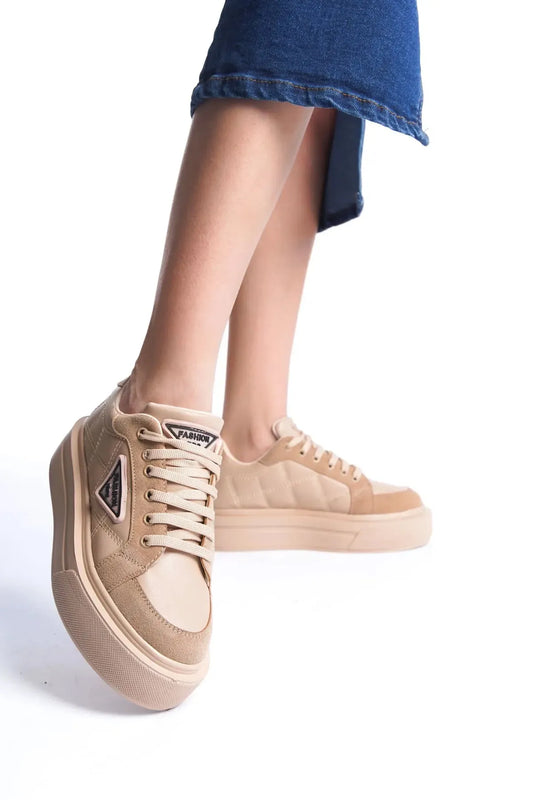 Zera Premium Ortopedik Krem Bağcıklı Kadın Sneaker