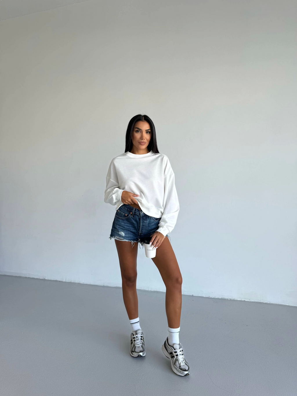 2 İplik Bisiklet Yaka Kadın Sweat Beyaz