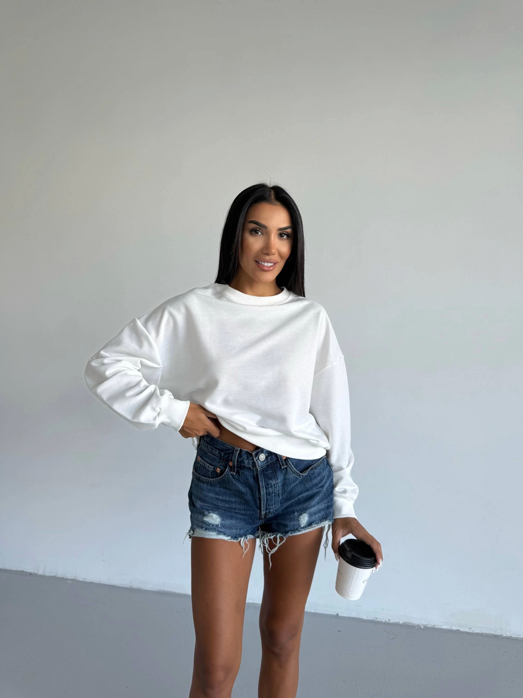 2 İplik Bisiklet Yaka Kadın Sweat Beyaz