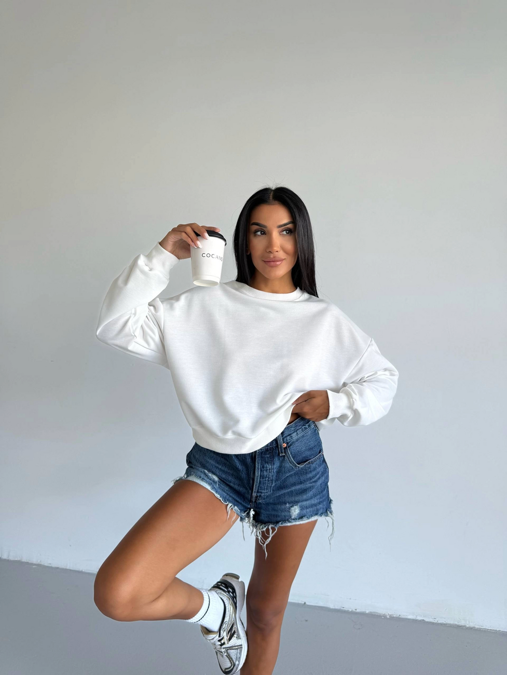 2 İplik Bisiklet Yaka Kadın Sweat Beyaz