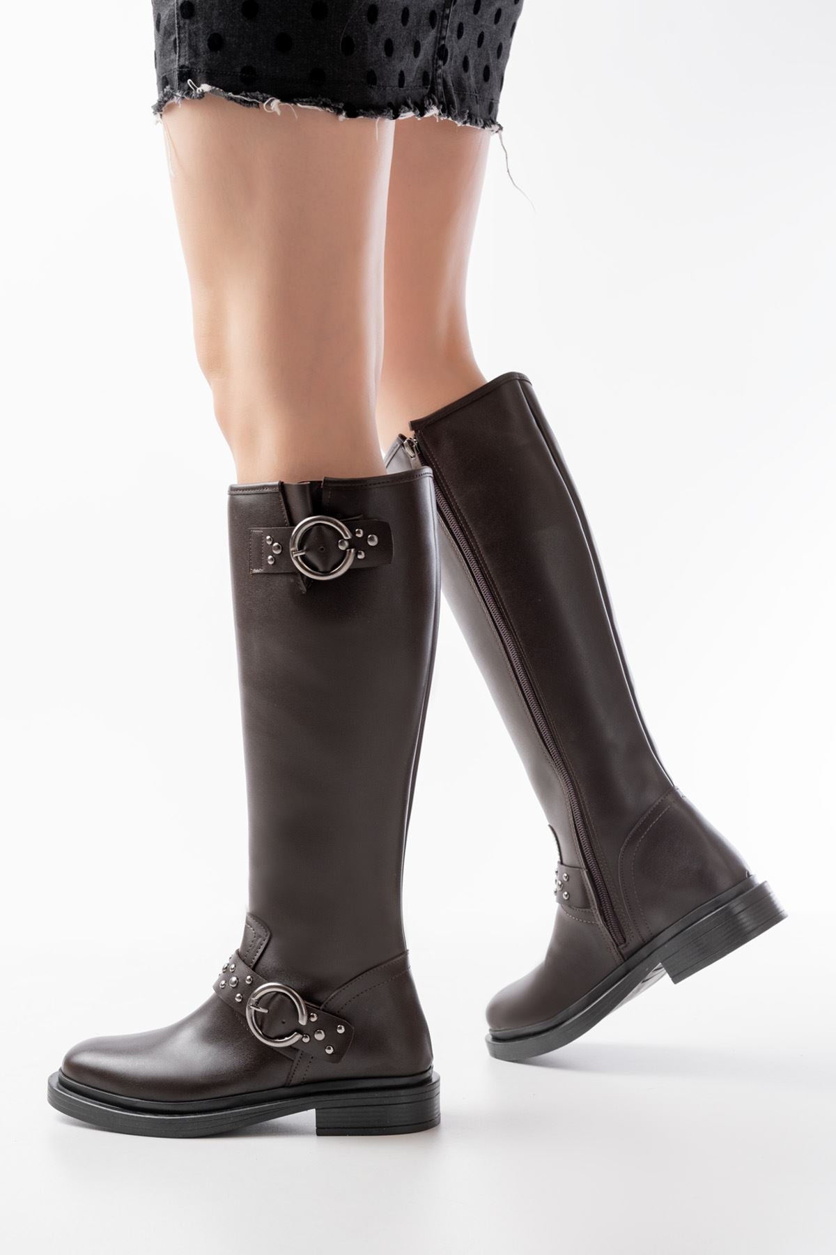 ZRİN-3004 Premium Kahverengi Lastikli Fermuarlı Günlük Kadın Çizme