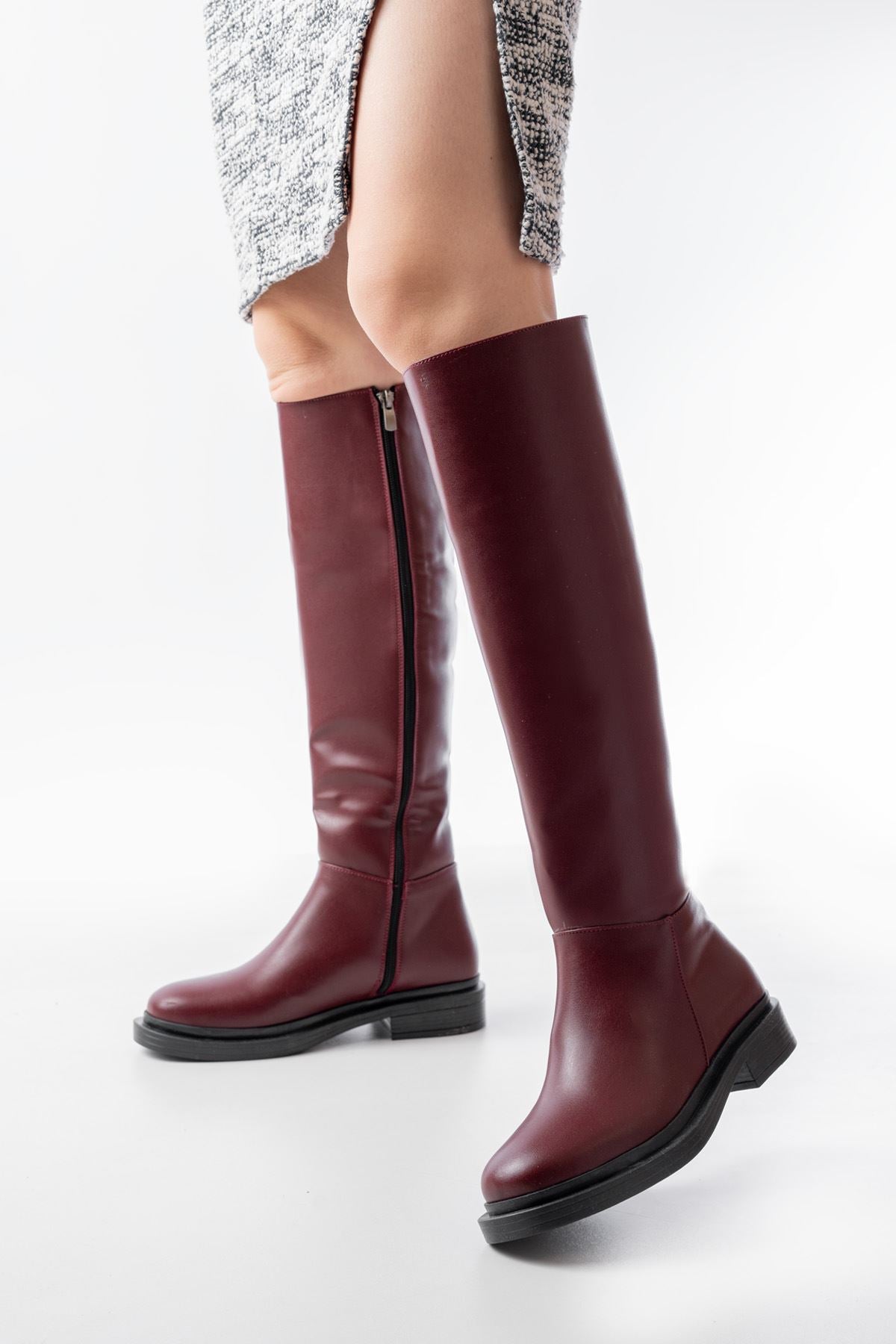 ZRİN-3007 Premium Bordo Fermuarlı Günlük Kadın Çizme