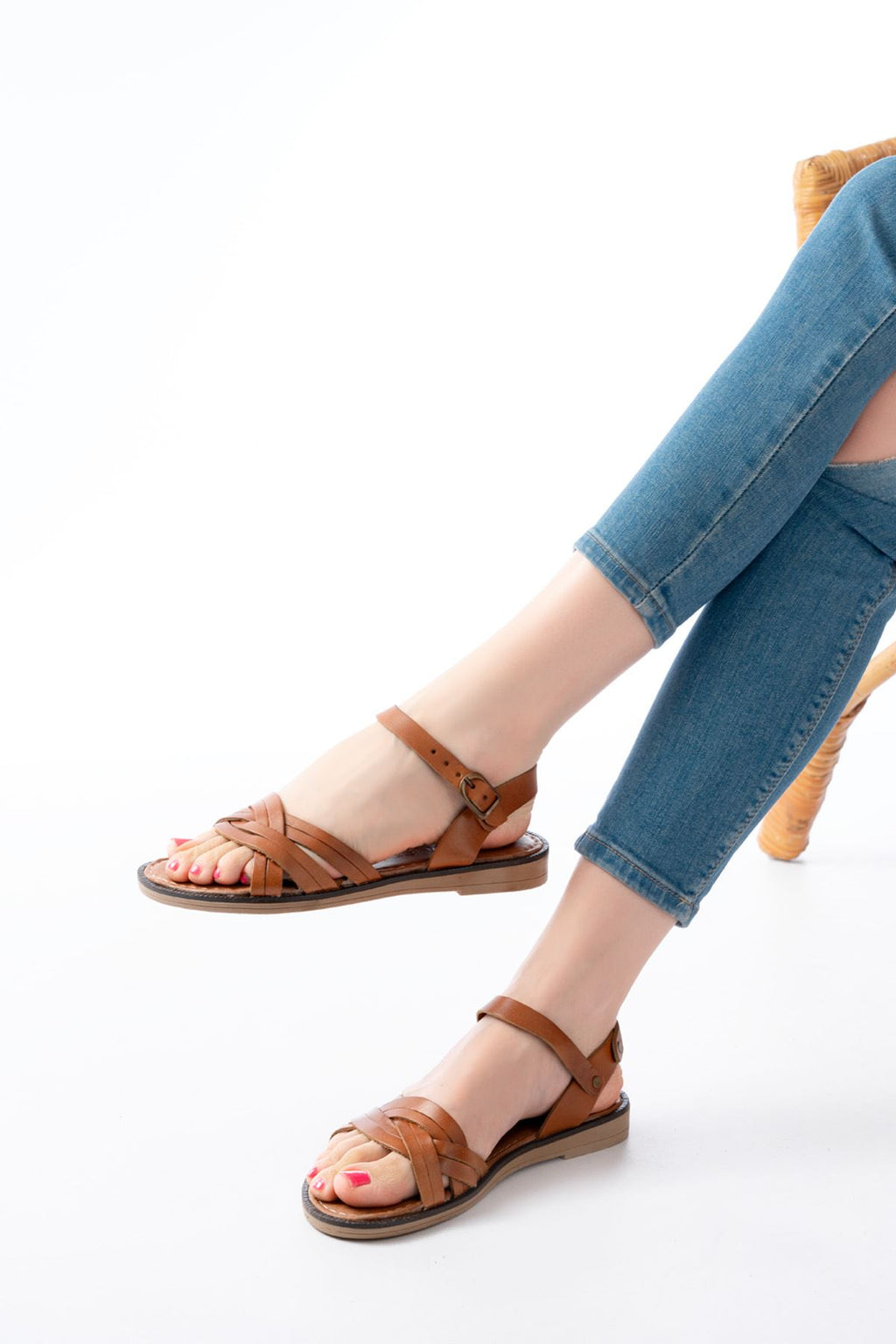 ZRİN-037 Premium Taba Hakiki Deri Ortopedik Taban Kadın Sandalet