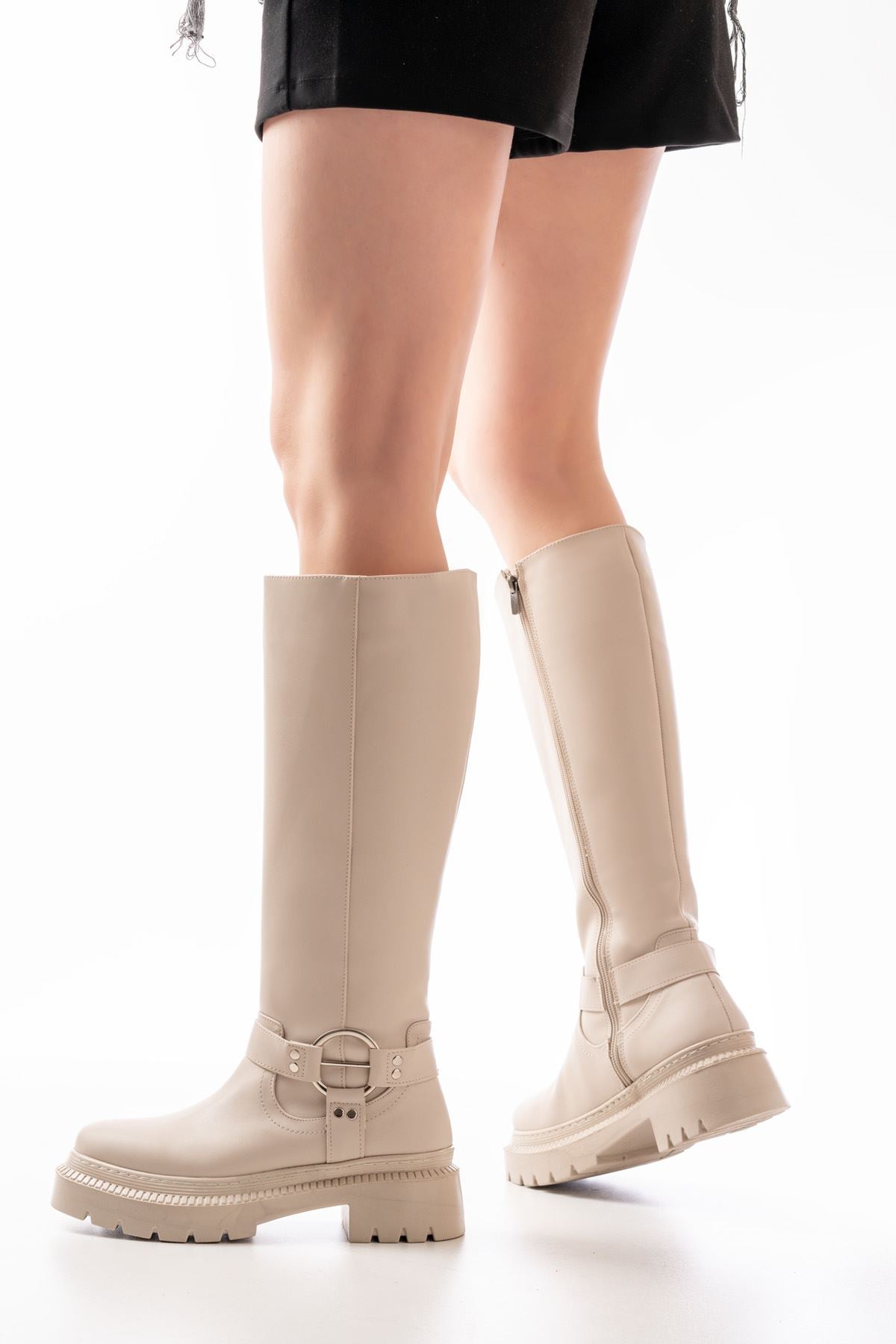 ZRİN-3021 Premium Bej Fermuarlı Günlük Kadın Çizme