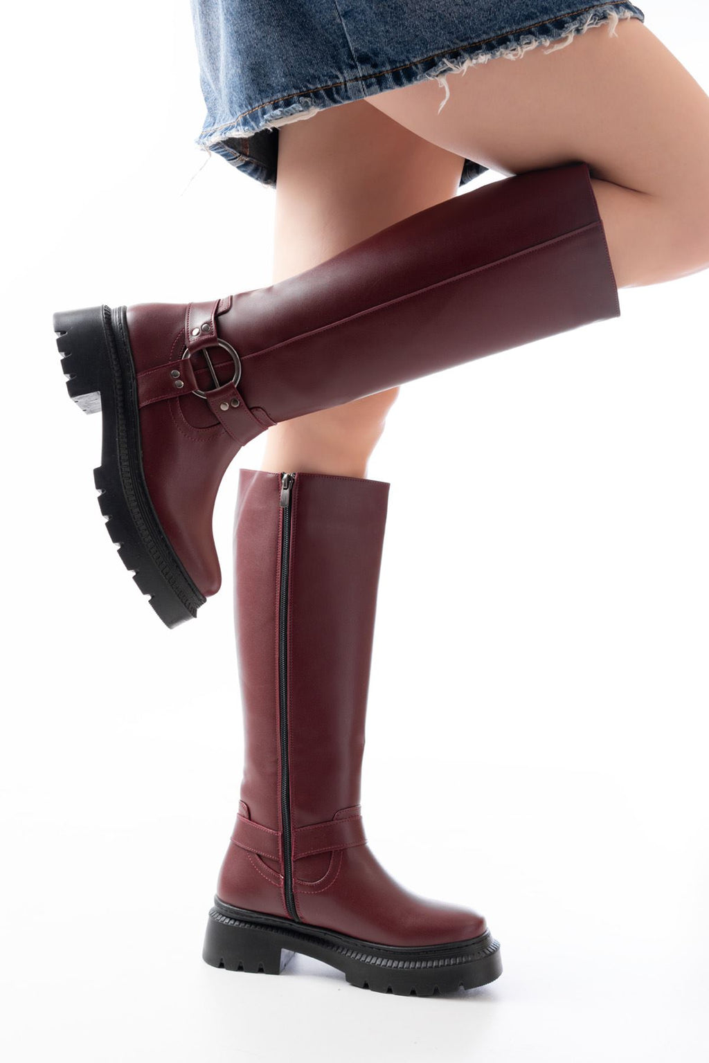 ZRİN-3021 Premium Bordo Fermuarlı Günlük Kadın Çizme
