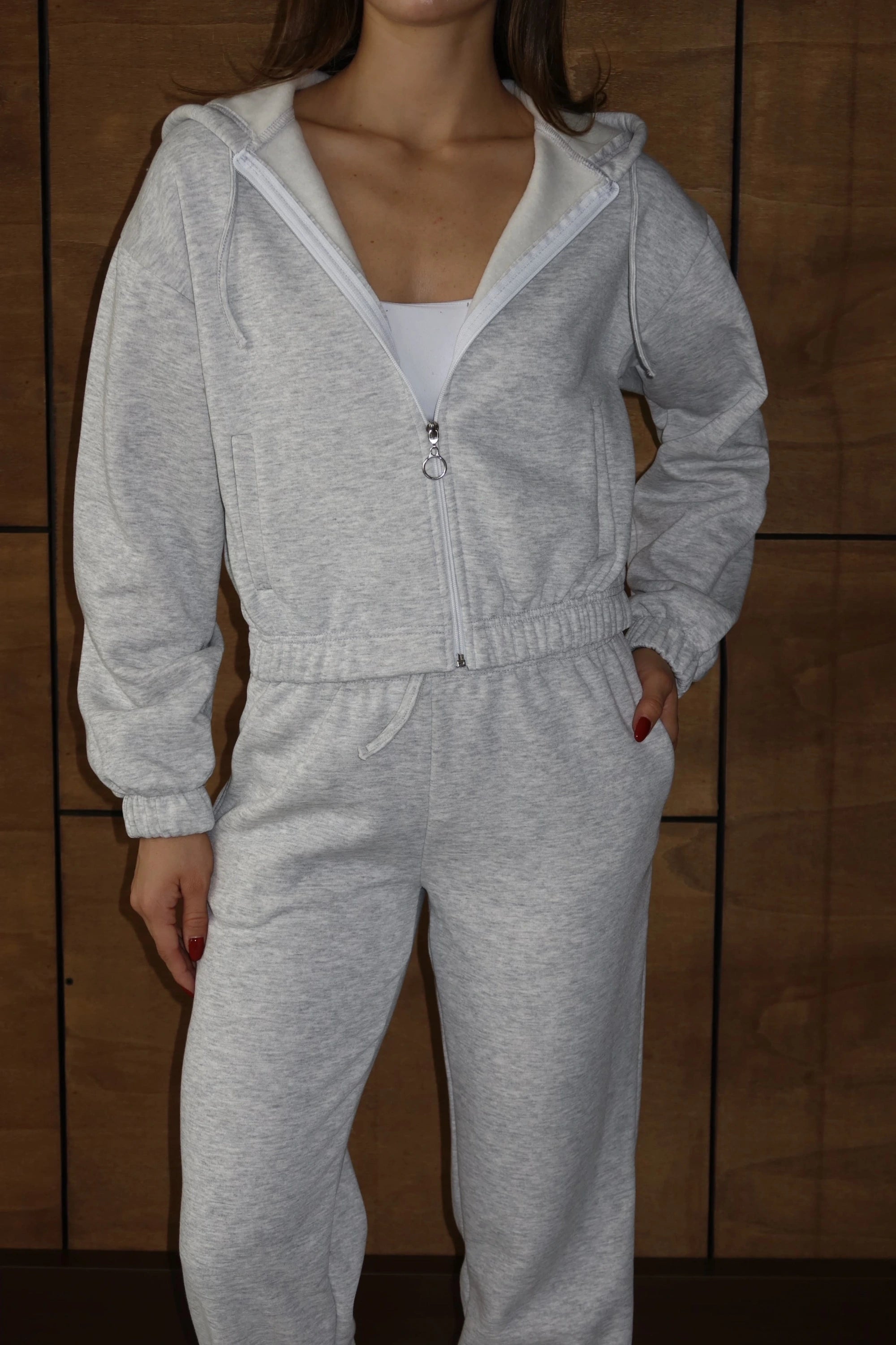 3 İplik Şardonlu Kapşonlu Fermuarlı Kısa Üst Gri