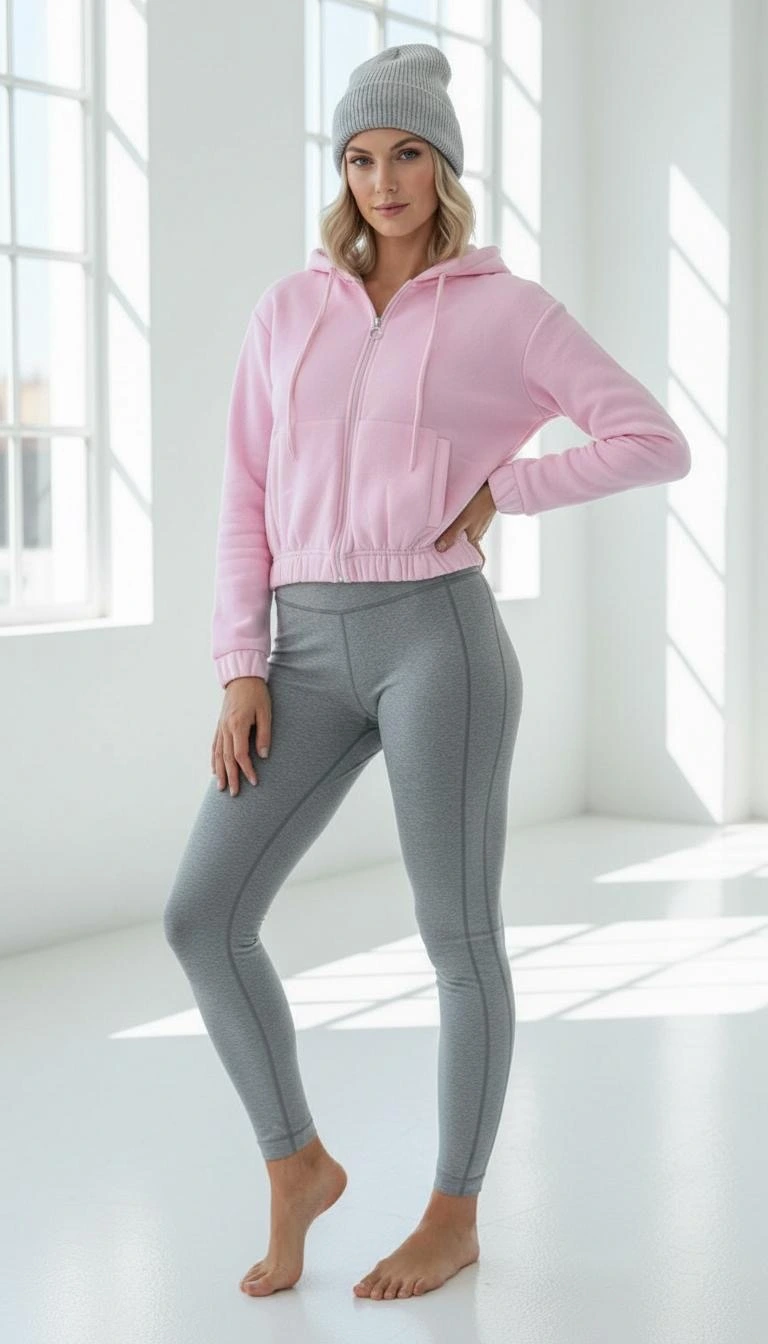 3 İplik Şardonlu Kapşonlu Fermuarlı Kısa Üst Pembe