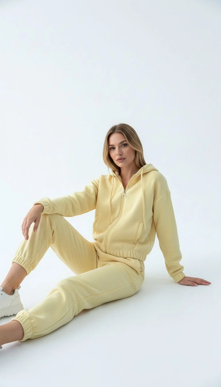 3 İplik Şardonlu Kapşonlu Fermuarlı Kısa Üst Sarı