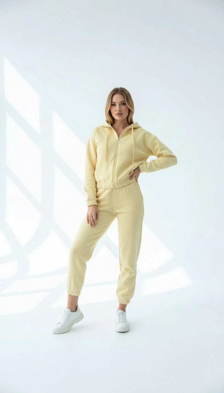 3 İplik Şardonlu Kapşonlu Fermuarlı Kısa Üst Sarı