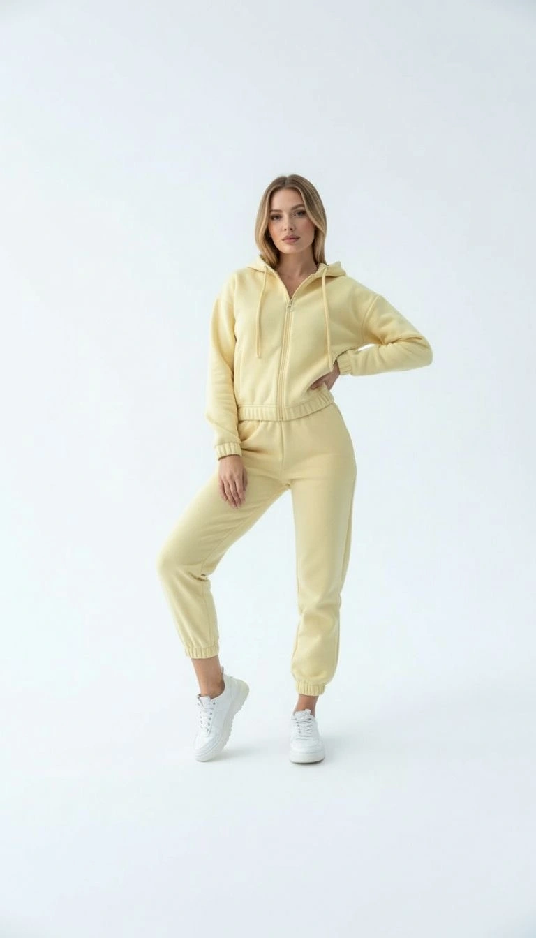 3 İplik Şardonlu Kapşonlu Fermuarlı Kısa Üst Sarı