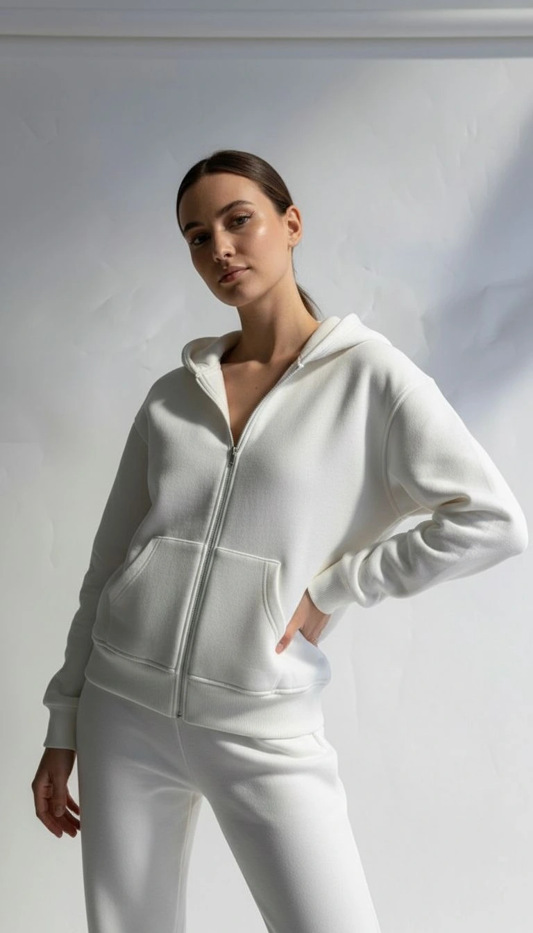 3 İplik Şardonlu Kapşonlu Hoodie Frm Beyaz