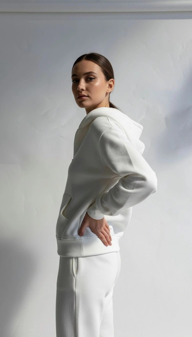 3 İplik Şardonlu Kapşonlu Hoodie Frm Beyaz