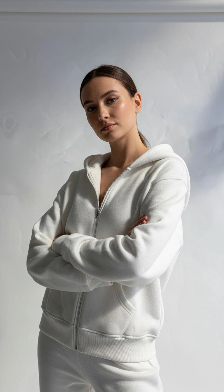 3 İplik Şardonlu Kapşonlu Hoodie Frm Beyaz