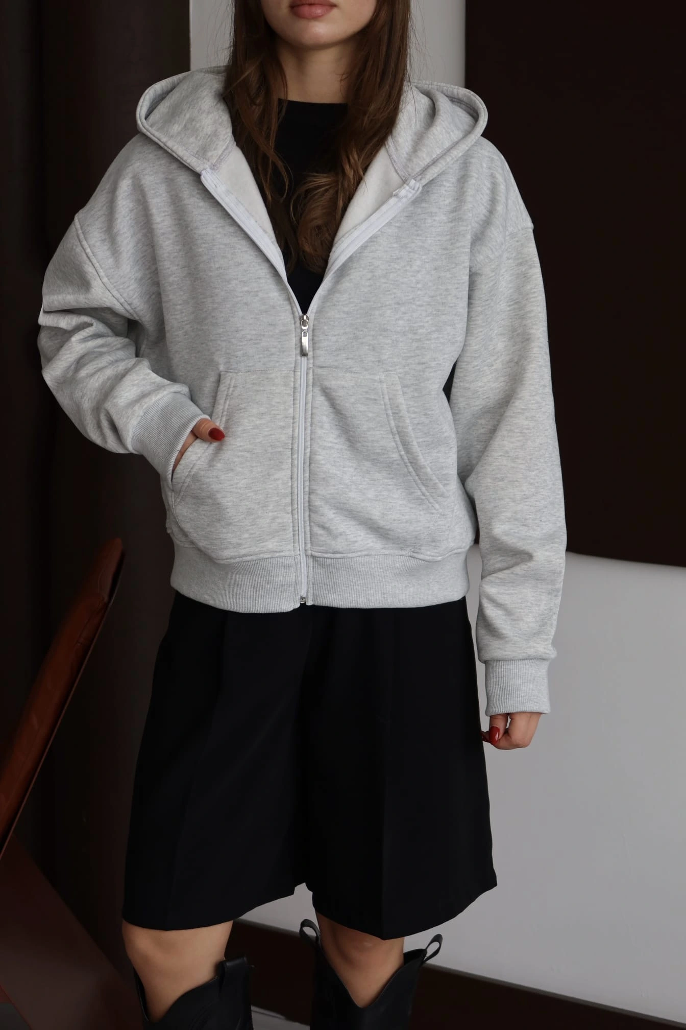 3 İplik Şardonlu Kapşonlu Hoodie Frm Gri