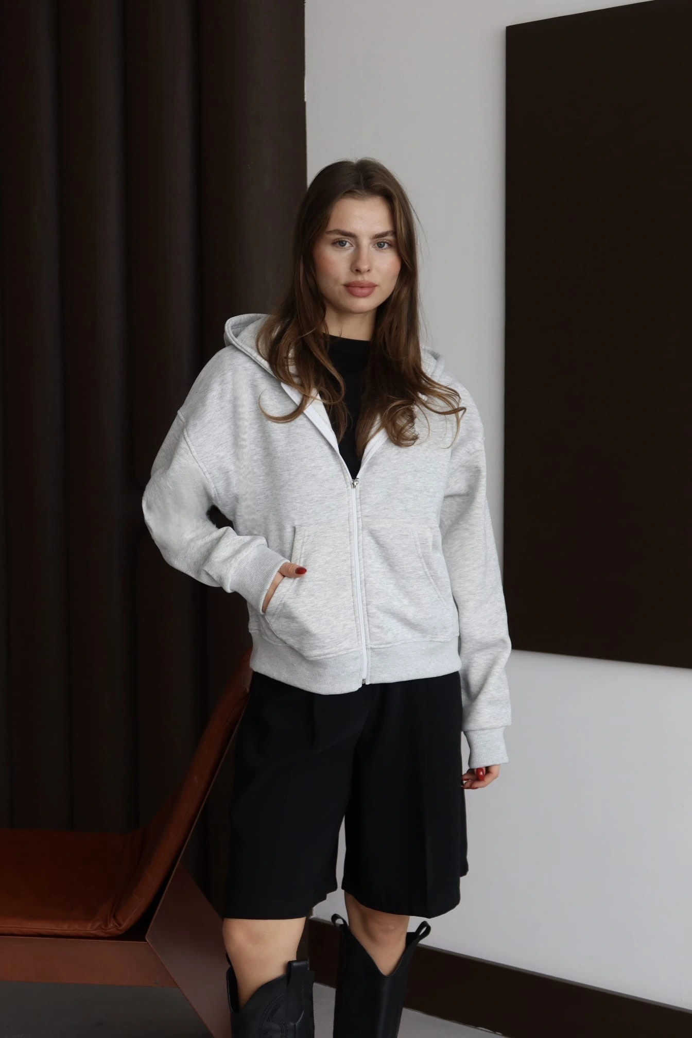 3 İplik Şardonlu Kapşonlu Hoodie Frm Gri