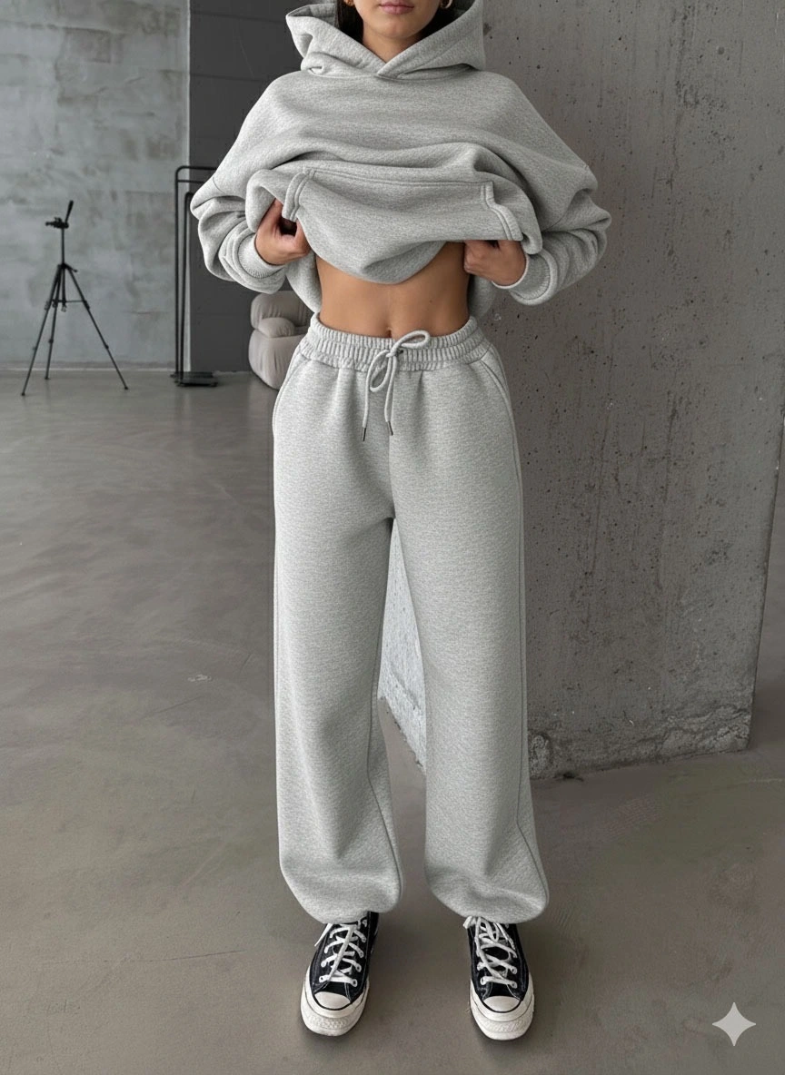 3 İplik Şardonlu Lastik Paça Kadın Eşofman Altı Gri