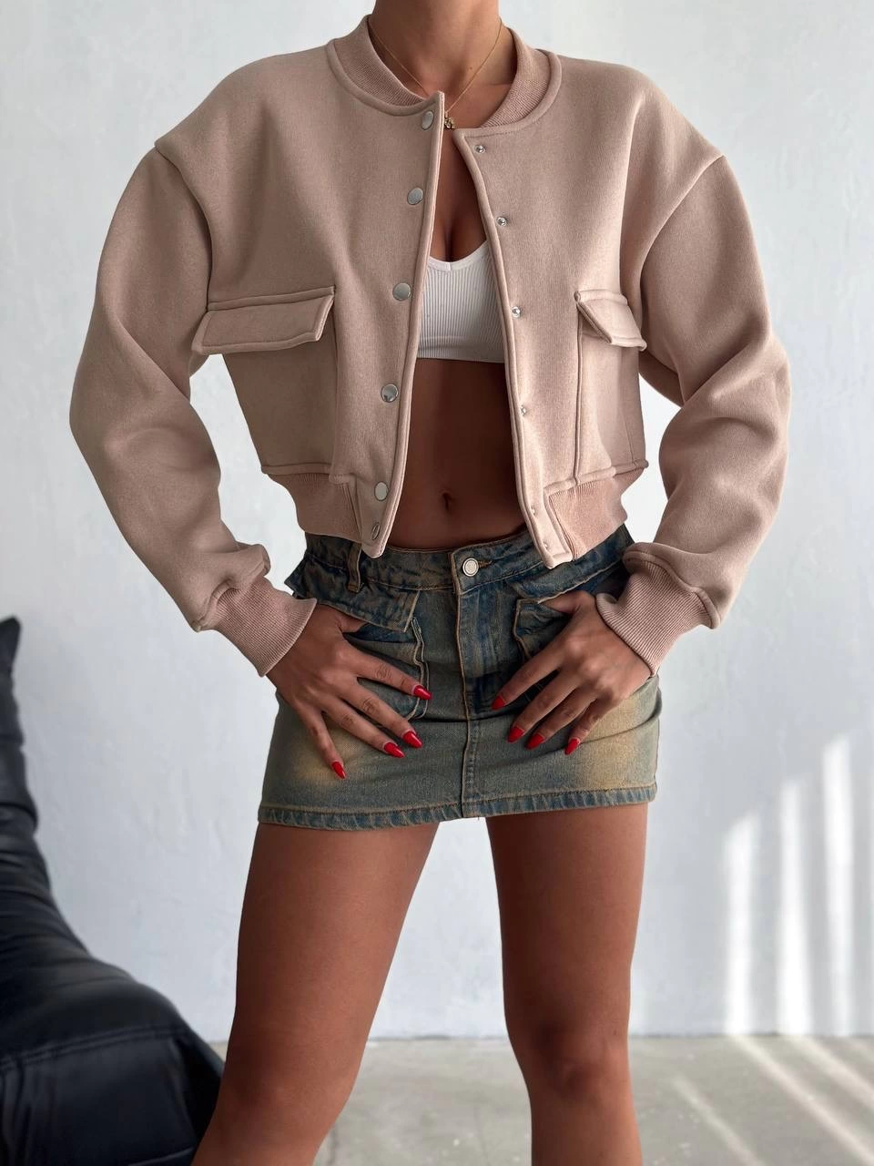 3 İplik Şardonlu Önü Çıtçıtlı Cepli Bej Ceket