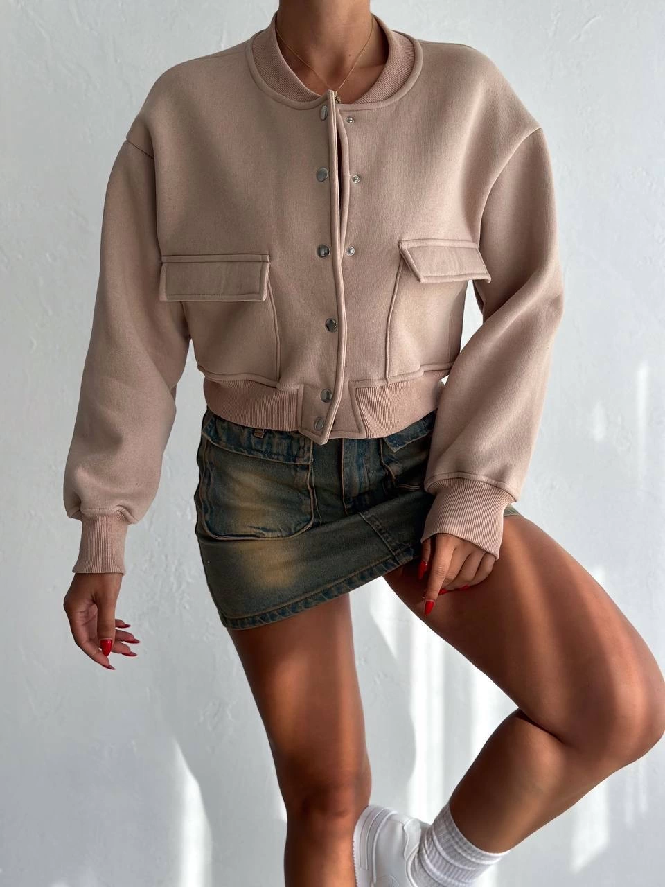 3 İplik Şardonlu Önü Çıtçıtlı Cepli Bej Ceket