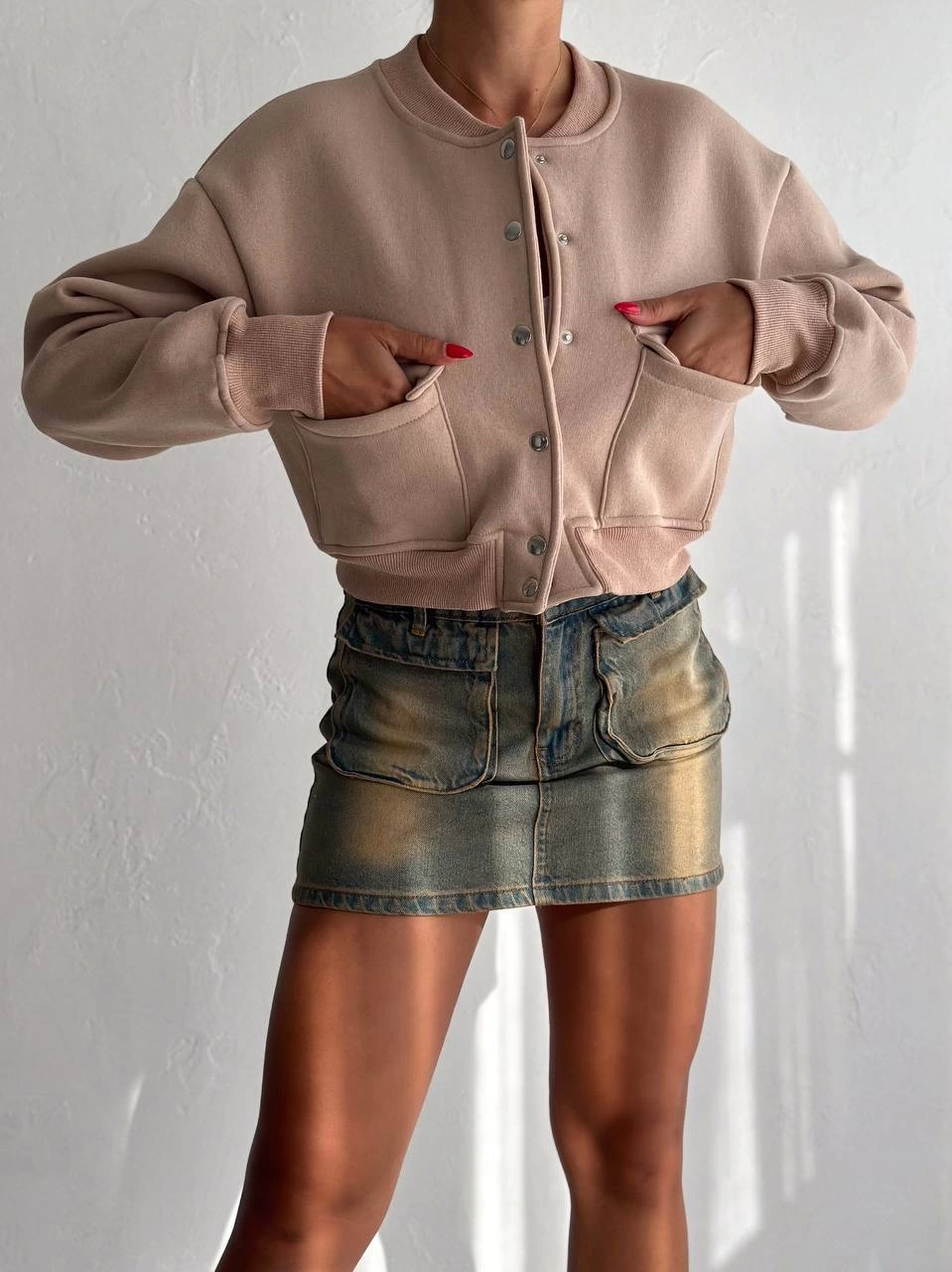 3 İplik Şardonlu Önü Çıtçıtlı Cepli Bej Ceket