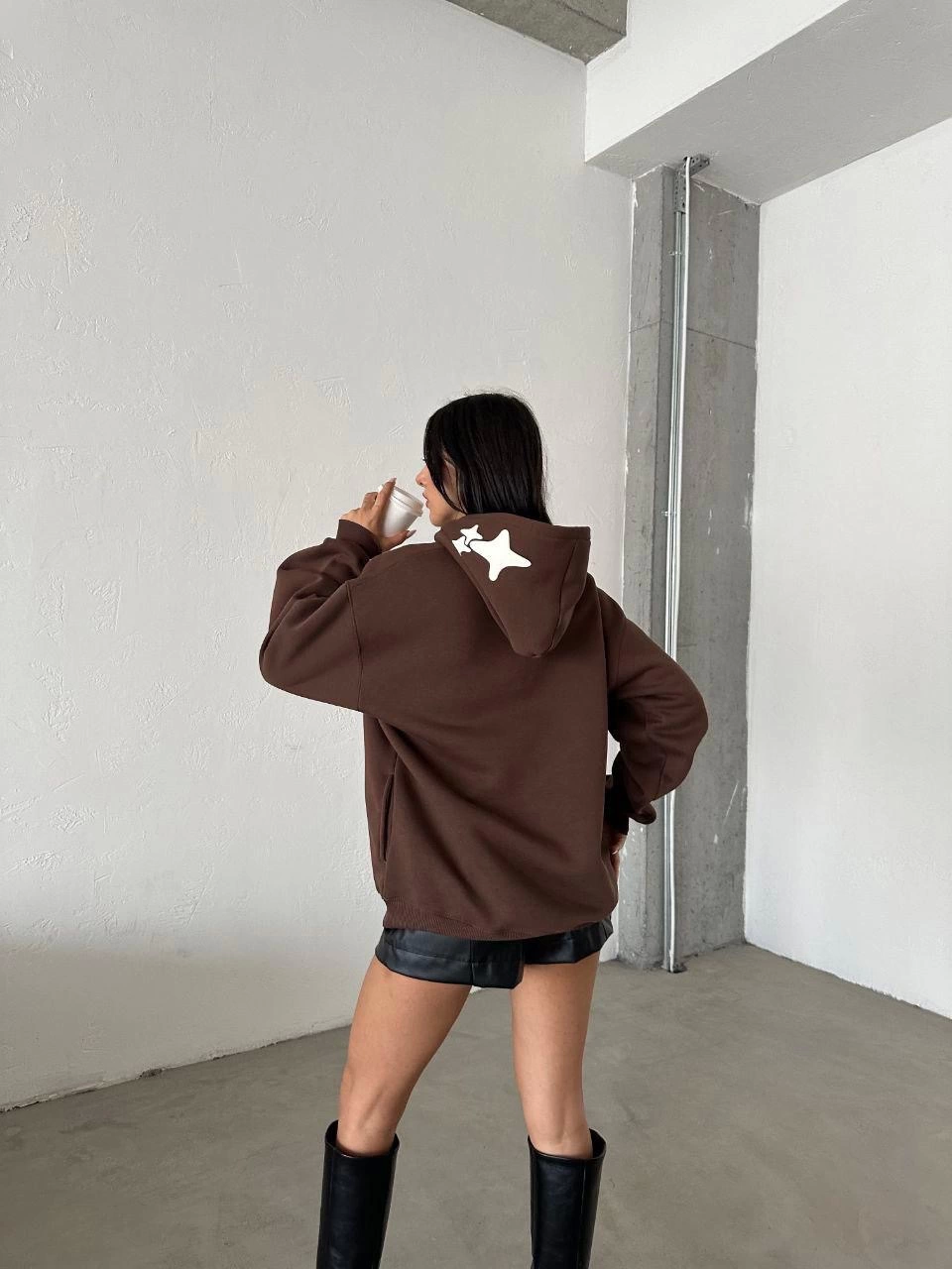 3 iplik şardonlu oversize compact out of baskılı sweat kahve