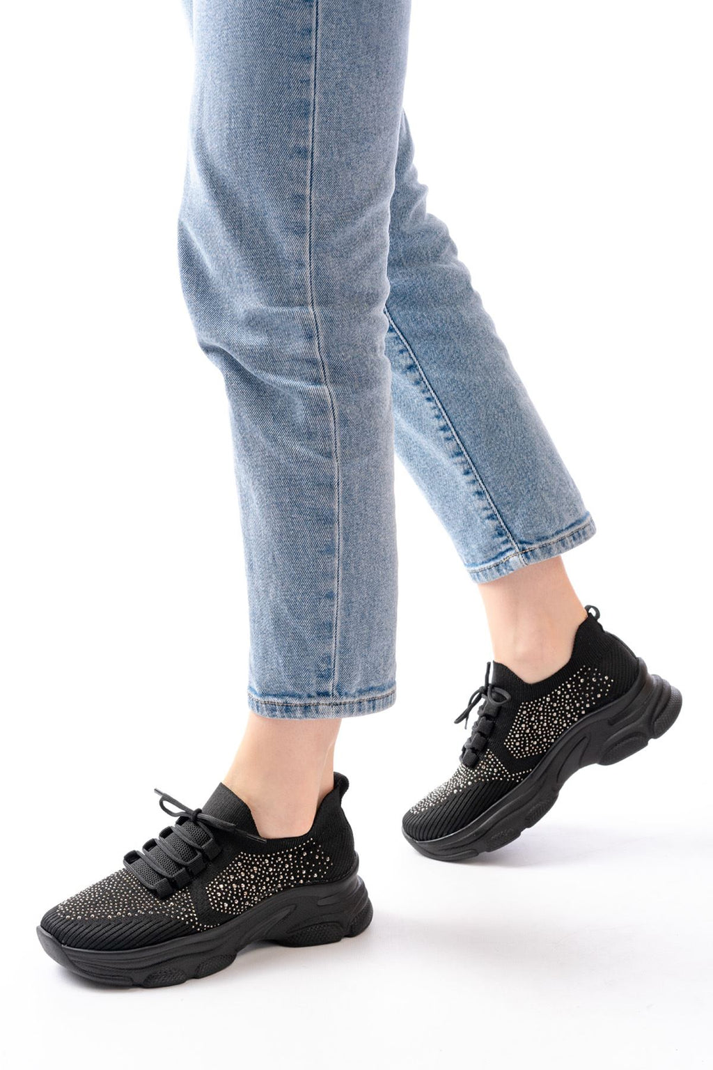 ZRİN-3002 Premium Siyah Bağcıklı Fileli Taş Aksesuarlı Günlük Sneaker