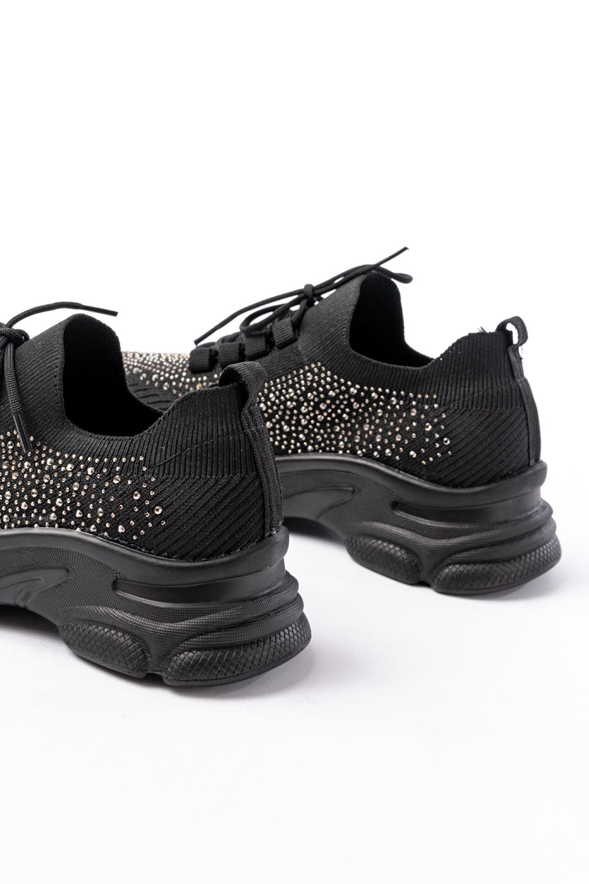 ZRİN-3002 Premium Siyah Bağcıklı Fileli Taş Aksesuarlı Günlük Sneaker