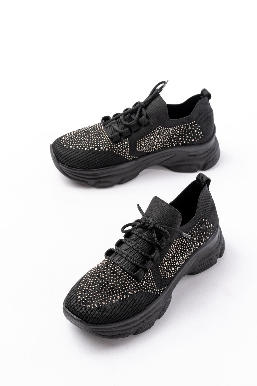 ZRİN-3002 Premium Siyah Bağcıklı Fileli Taş Aksesuarlı Günlük Sneaker
