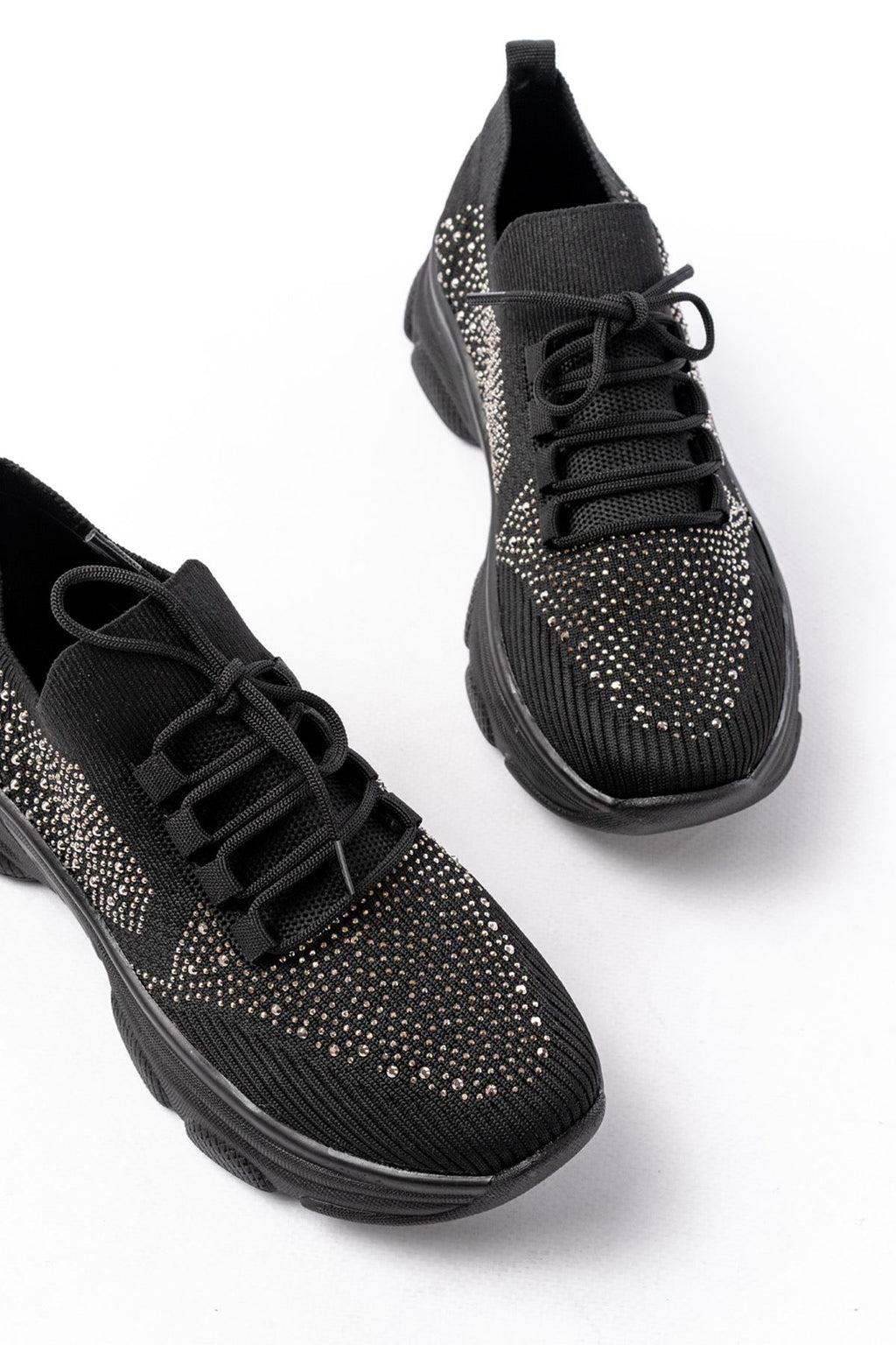 ZRİN-3002 Premium Siyah Bağcıklı Fileli Taş Aksesuarlı Günlük Sneaker