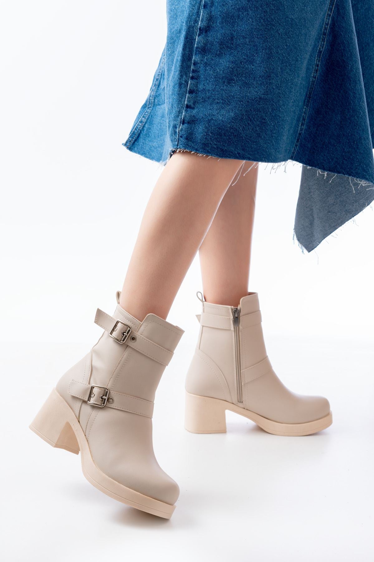 ZRİN-3027 Premium Bej Topuklu Fermuarlı Günlük Kadın Bot