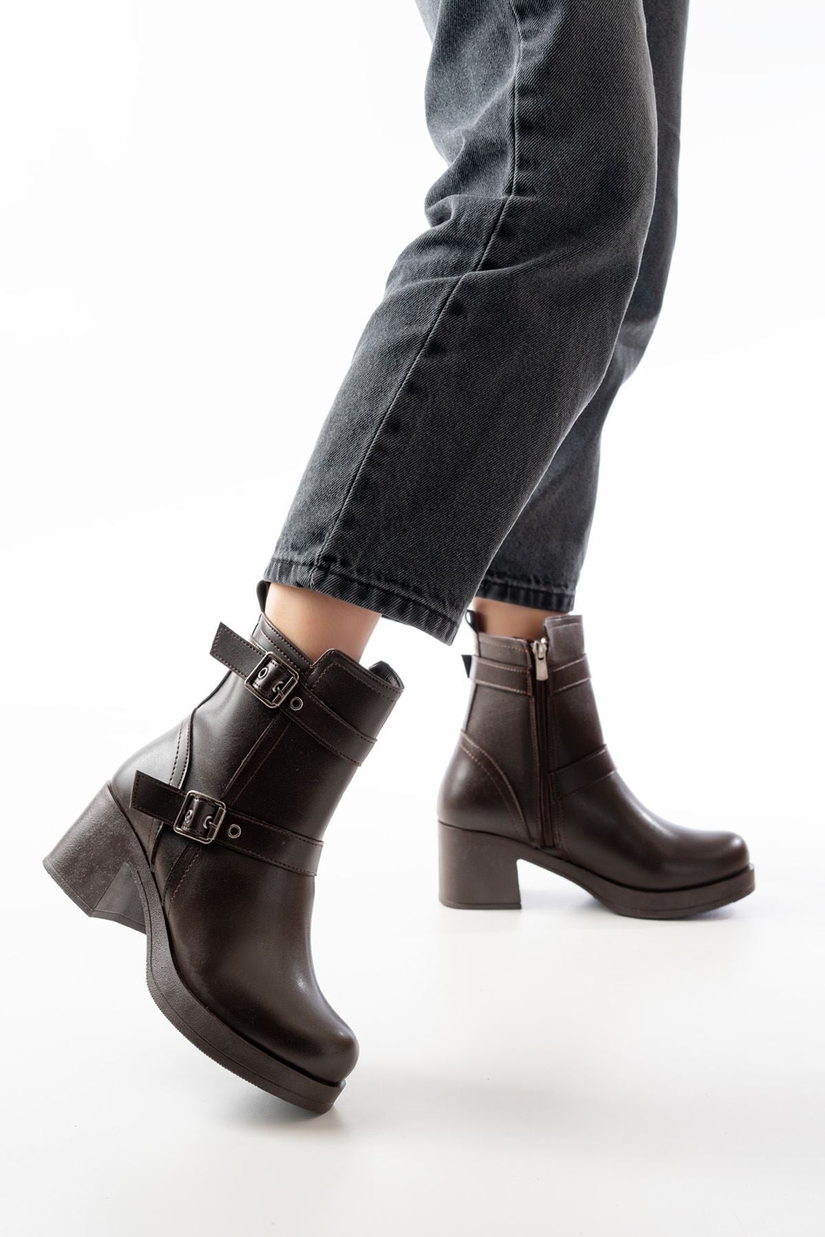 ZRİN-3027 Premium Kahverengi Topuklu Fermuarlı Günlük Kadın Bot