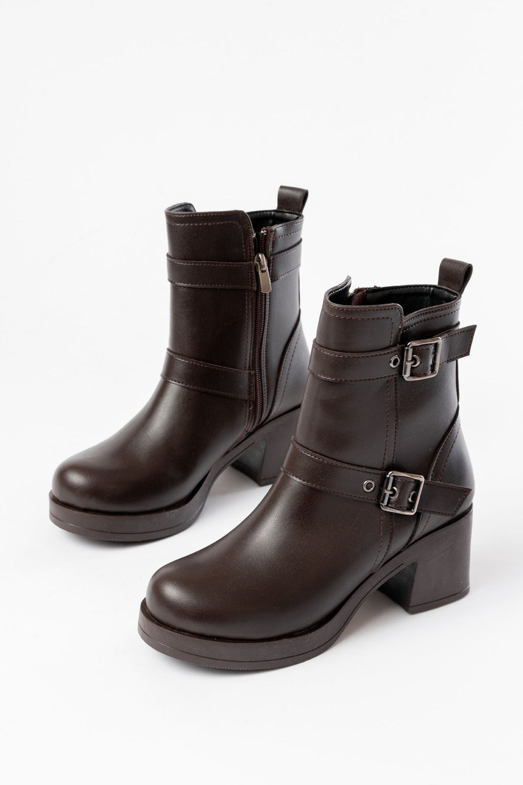 ZRİN-3027 Premium Kahverengi Topuklu Fermuarlı Günlük Kadın Bot