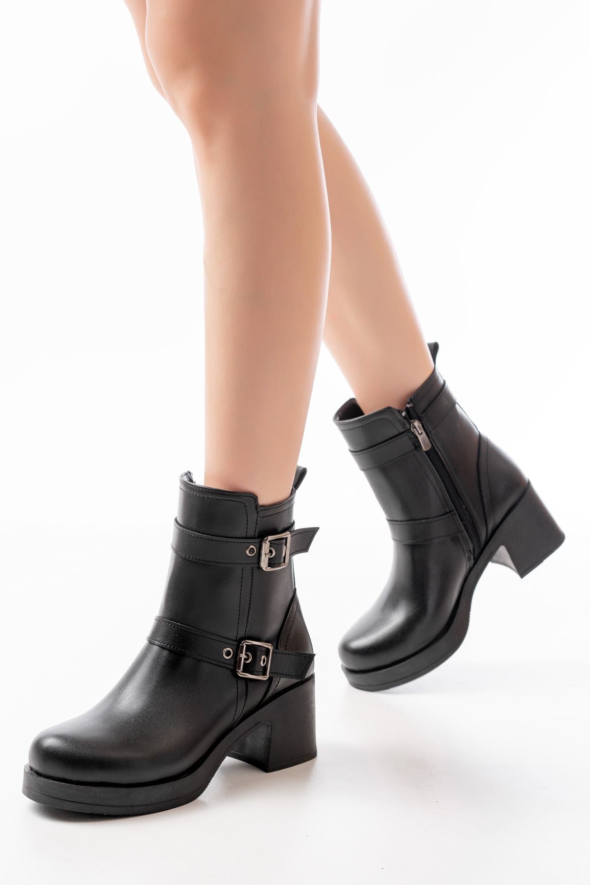 ZRİN-3027 Premium Siyah Topuklu Fermuarlı Günlük Kadın Bot
