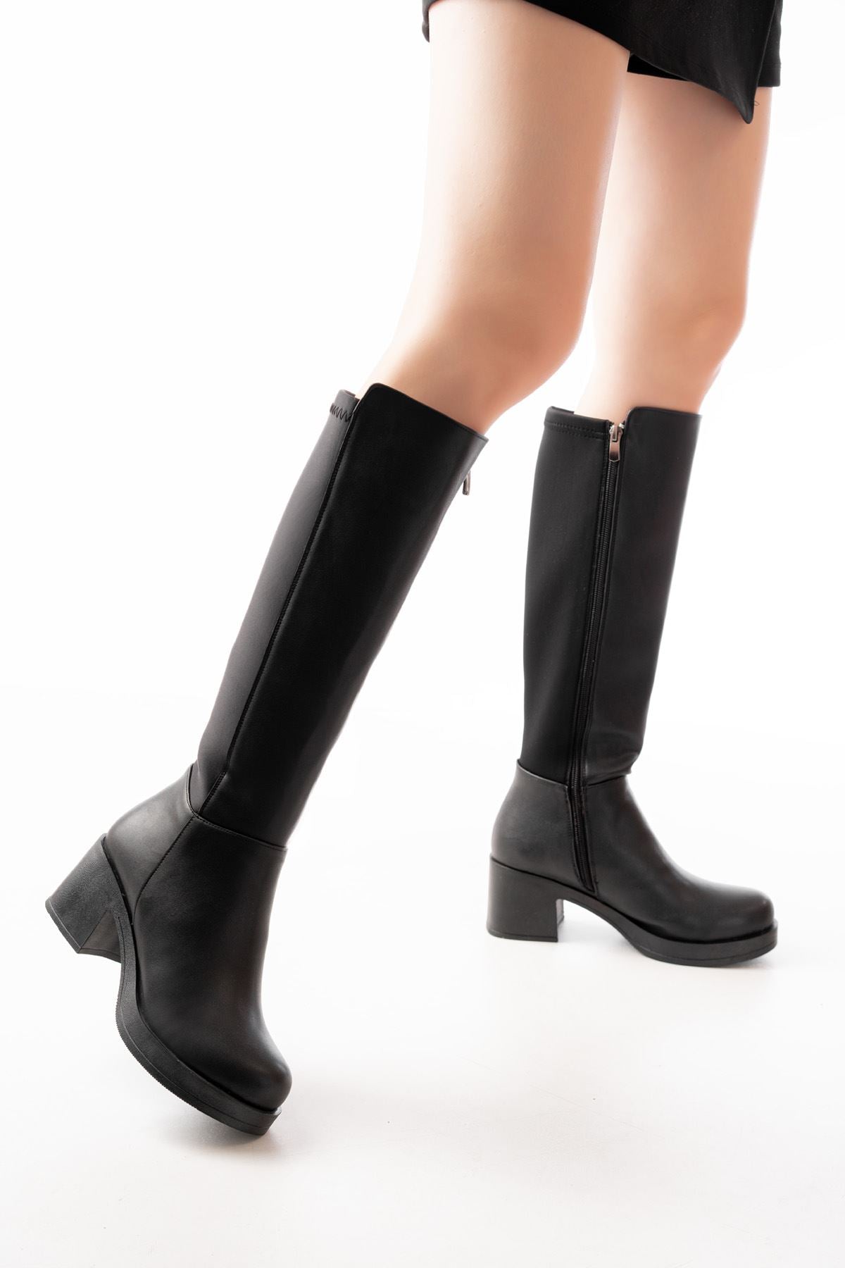 ZRİN-3060 Premium Siyah Topuklu Fermuarlı Günlük Kadın Çizme