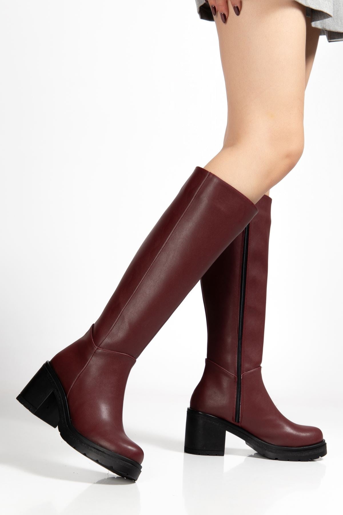 ZRİNX-3013 Premium Bordo Fermuarlı Günlük Kadın Çizme 6 cm