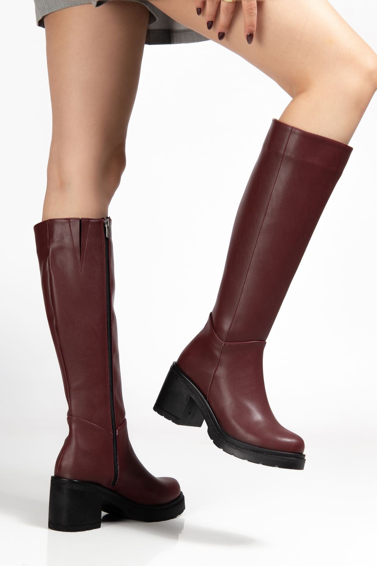 ZRİNX-3013 Premium Bordo Fermuarlı Günlük Kadın Çizme 6 cm