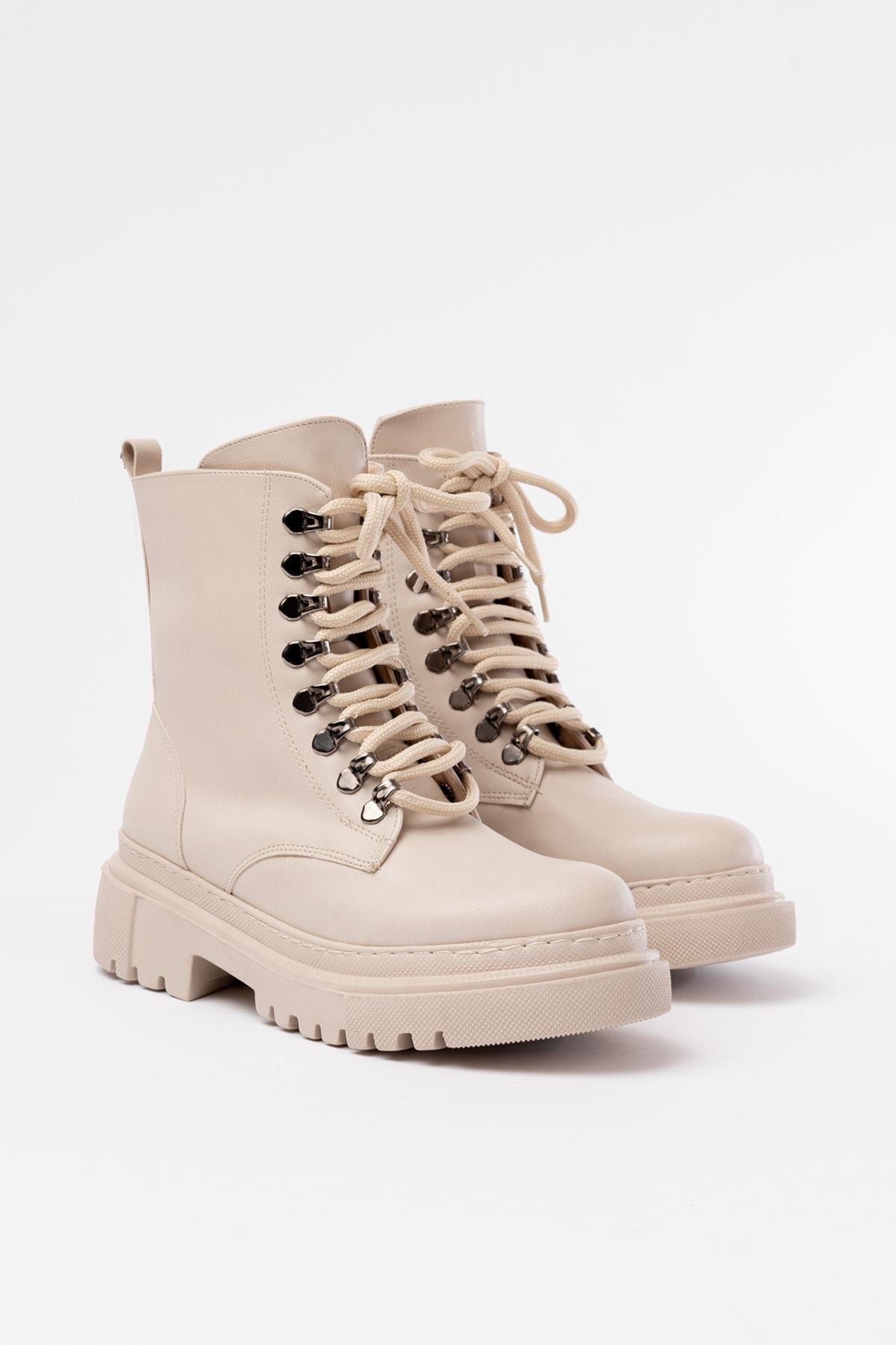 ZRİN-2121 Premium Bej Bağcıklı Fermuarlı Günlük Kadın Bot