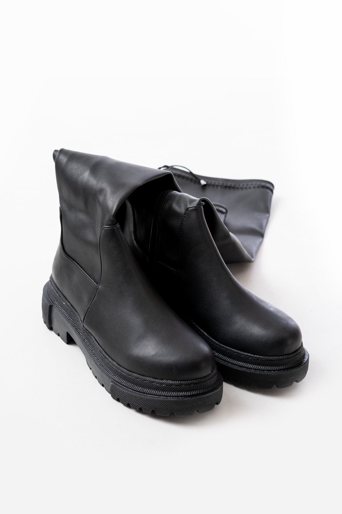 ZRİN812-2194 Premium Siyah Fermuarlı Diz Üstü Bağcıklı Çorap Günlük Kadın Çizme