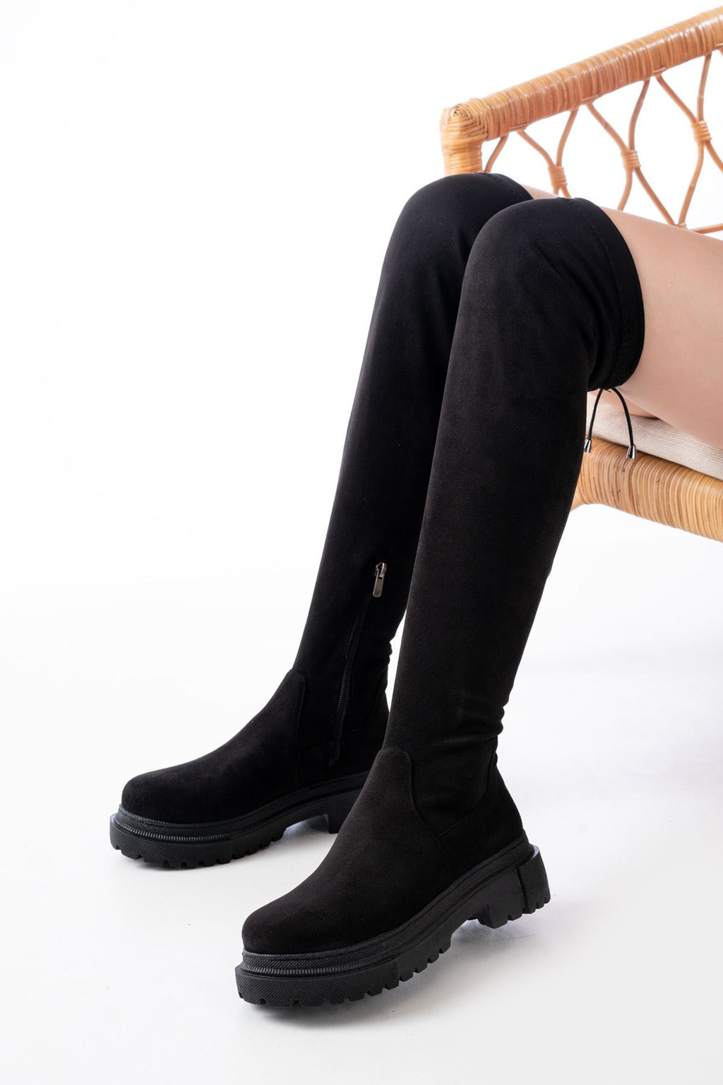 ZRİN812-2194 Premium Siyah Süet Fermuarlı Diz Üstü Bağcıklı Çorap Günlük Kadın Çizme