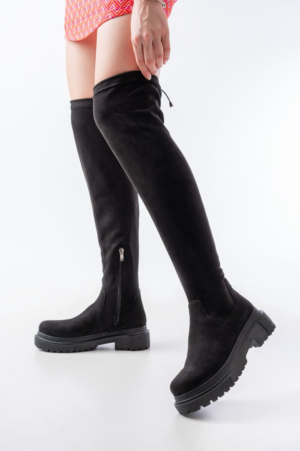 ZRİN812-2194 Premium Siyah Süet Fermuarlı Diz Üstü Bağcıklı Çorap Günlük Kadın Çizme