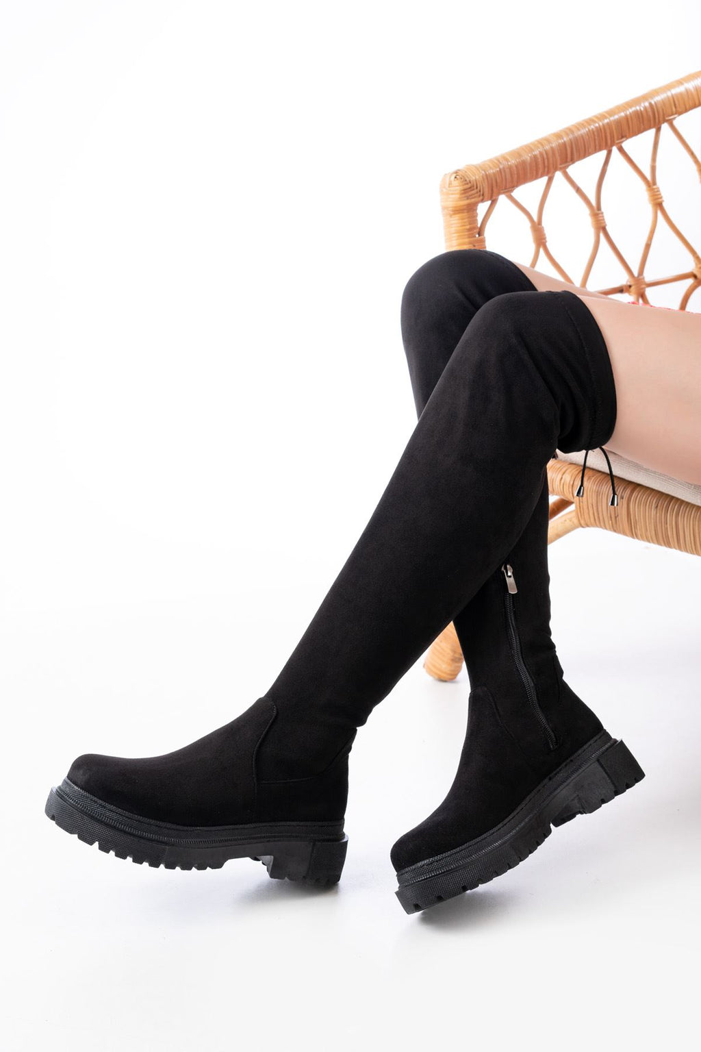 ZRİN812-2194 Premium Siyah Süet Fermuarlı Diz Üstü Bağcıklı Çorap Günlük Kadın Çizme