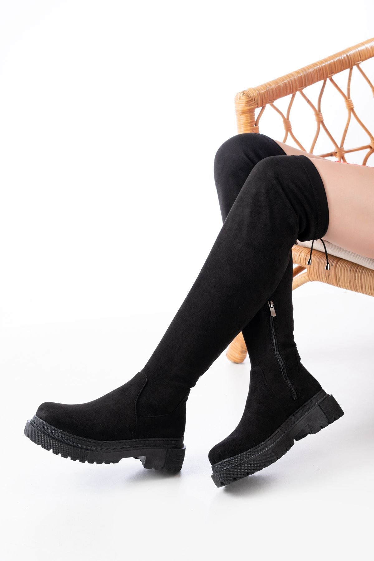 ZRİN812-2194 Premium Siyah Süet Fermuarlı Diz Üstü Bağcıklı Çorap Günlük Kadın Çizme