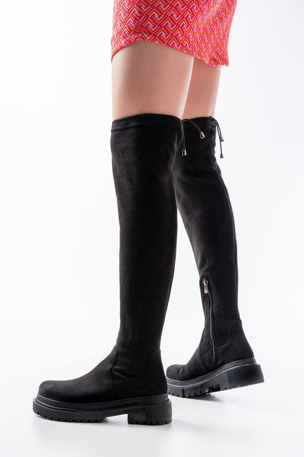 ZRİN812-2194 Premium Siyah Süet Fermuarlı Diz Üstü Bağcıklı Çorap Günlük Kadın Çizme